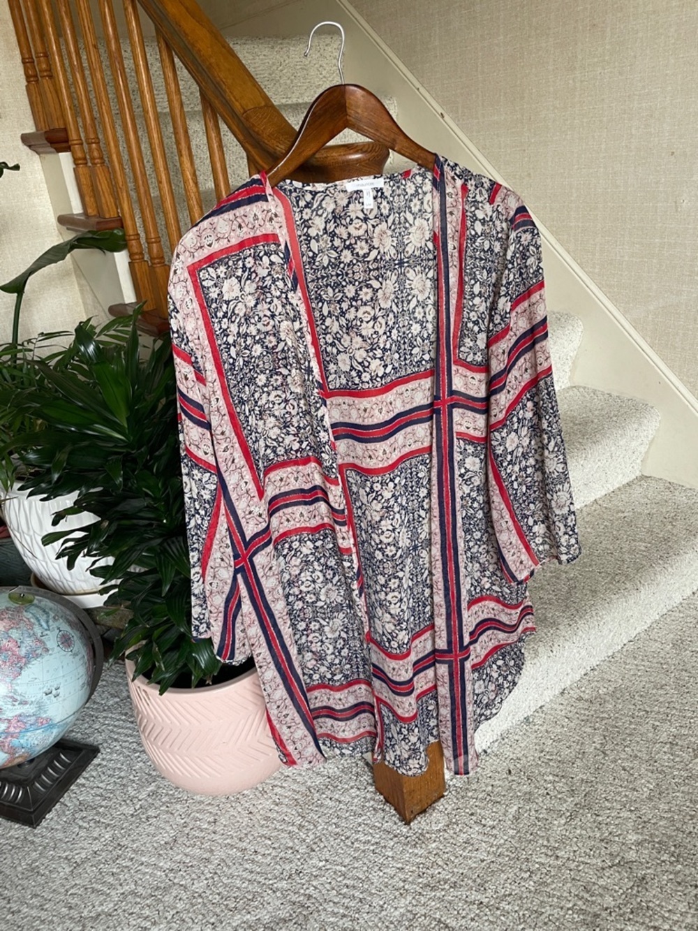 Maurice's Red & Blue Sheer Floral Kimono Duster